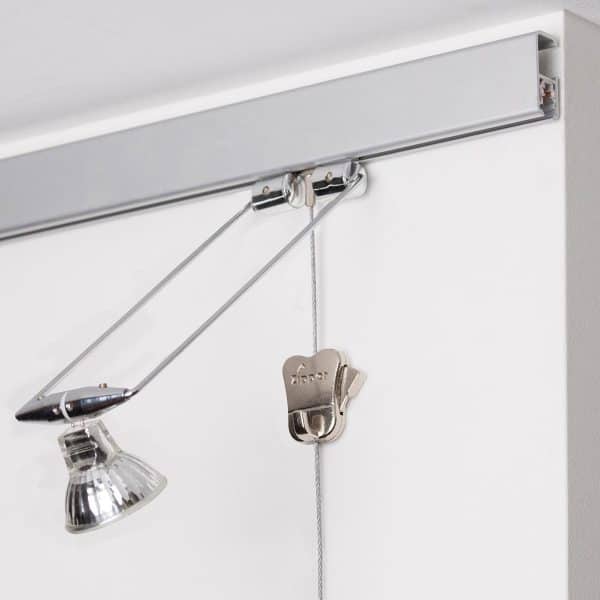 Silver Multi-rail Picture Hanging System shown with Silver Classic Armature, 20 Watt Halogen Bulb, Steel Cable with Cobra, and Zipper Hook