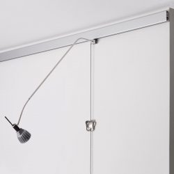 Silver Multi-rail Picture Hanging System shown with Sirius Armature, 4 Watt Power LED, Steel Cable with Cobra, and Zipper Hook